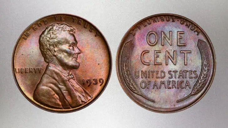 Group of 1939 Lincoln Wheat Pennies from Philadelphia, Denver, and San Francisco mints shown side by side